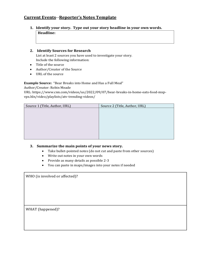 Current Events Reporter's Notes Template