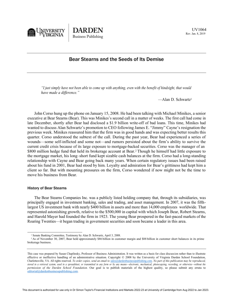 Bear Stearns Demise A Finance Case Study