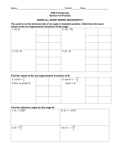 PreCalculus Trigonometry Practice Worksheet
