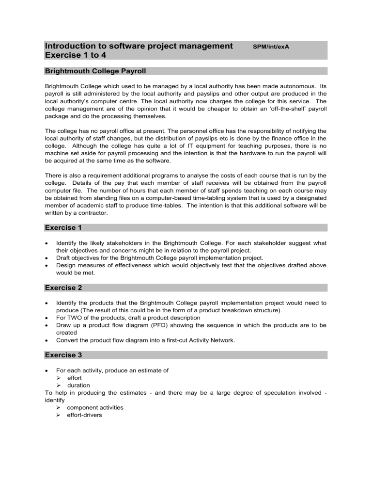 Software Project Management Exercise: Brightmouth College Payroll