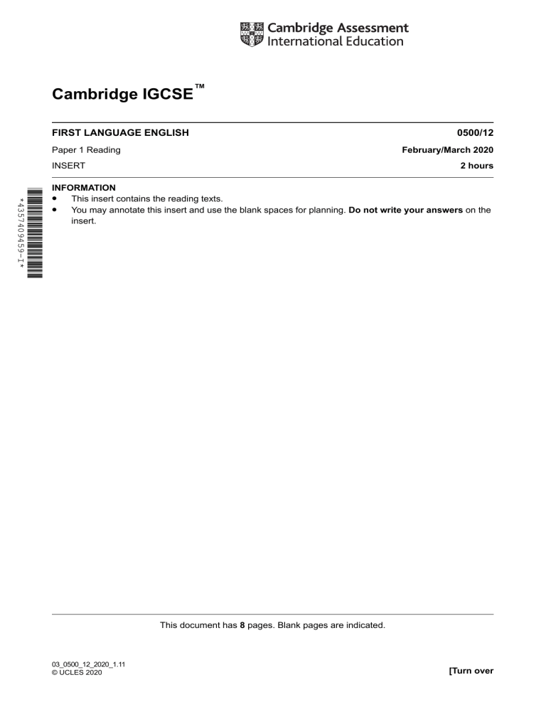 Ingli Inset Cambridge IGCSE English Paper 1 Reading Insert