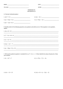 Mathematics 9 Worksheet: Algebra & Quadratic Equations
