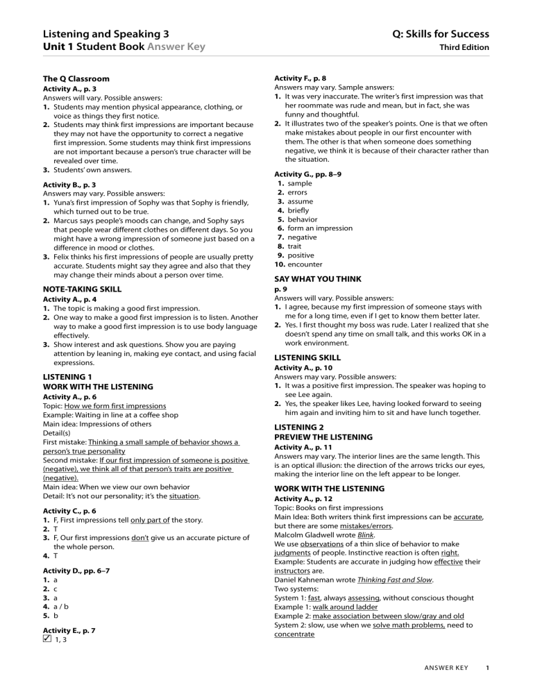 Listening & Speaking 3 Unit 1 Answer Key | First Impressions
