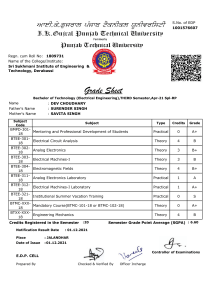 Electrical Engineering Grade Sheet - Third Semester