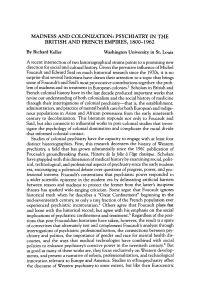 Madness, Psychiatry, and Colonialism in British & French Empires