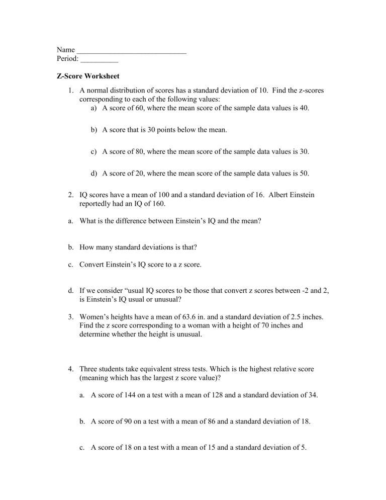 ZScore Worksheet Statistics Practice Problems