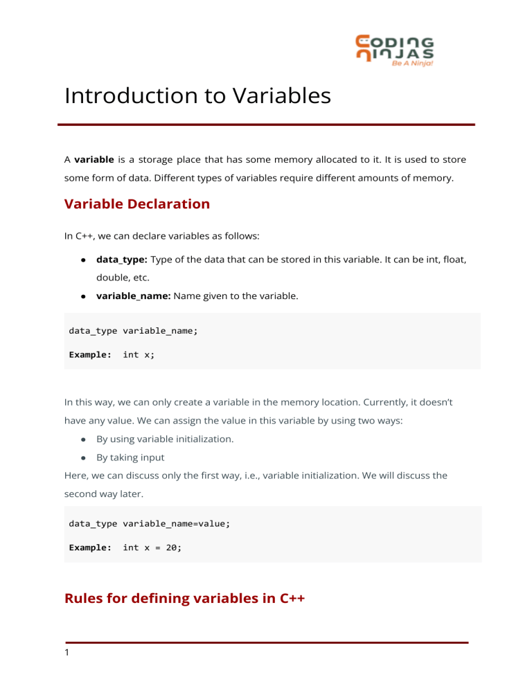 C++ Variables: Declaration, Initialization, and Rules