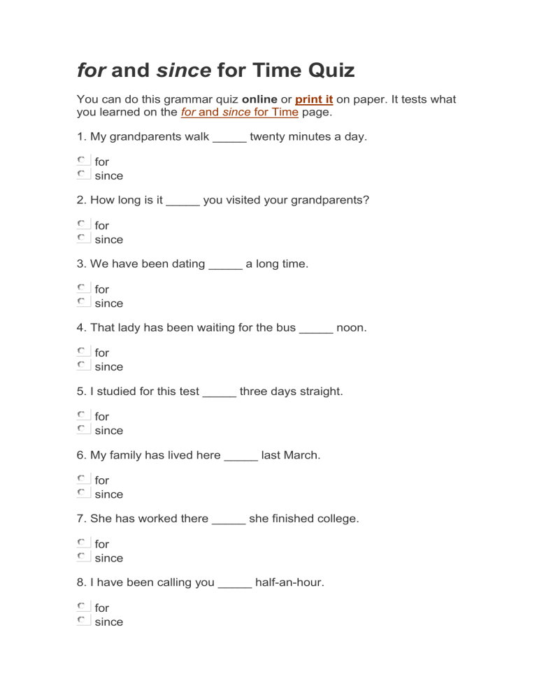 For and Since Grammar Quiz