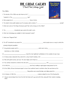 The Great Gatsby Worksheet: 1920s & Novel Analysis