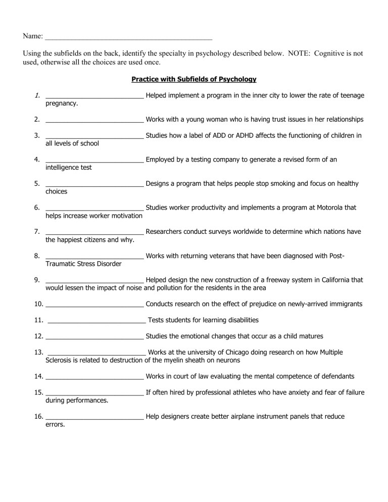 Psychology Subfields Worksheet