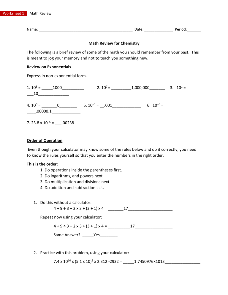 Math Review Worksheet for Chemistry