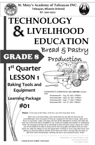 Baking Tools & Equipment Worksheet - Grade 8