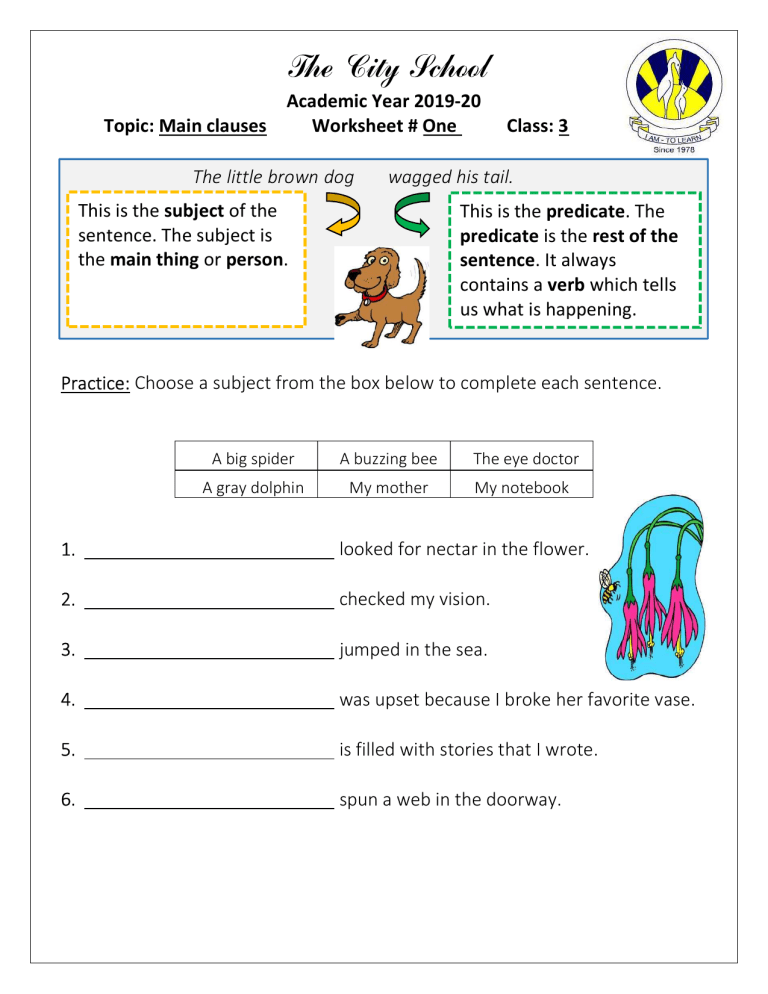 Predicate Clause Worksheet Main Clauses Worksheet: Subjects and Predicates