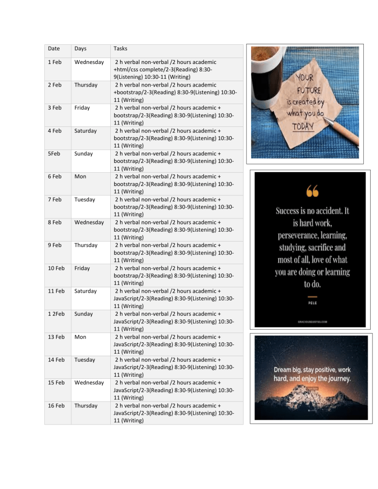 Daily Study Schedule: HTML, CSS, Bootstrap, JavaScript, React