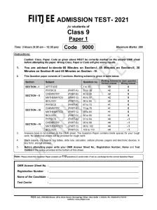 Class 9 Sample Test Paper: Aptitude, Physics, Chemistry, Math, Biology
