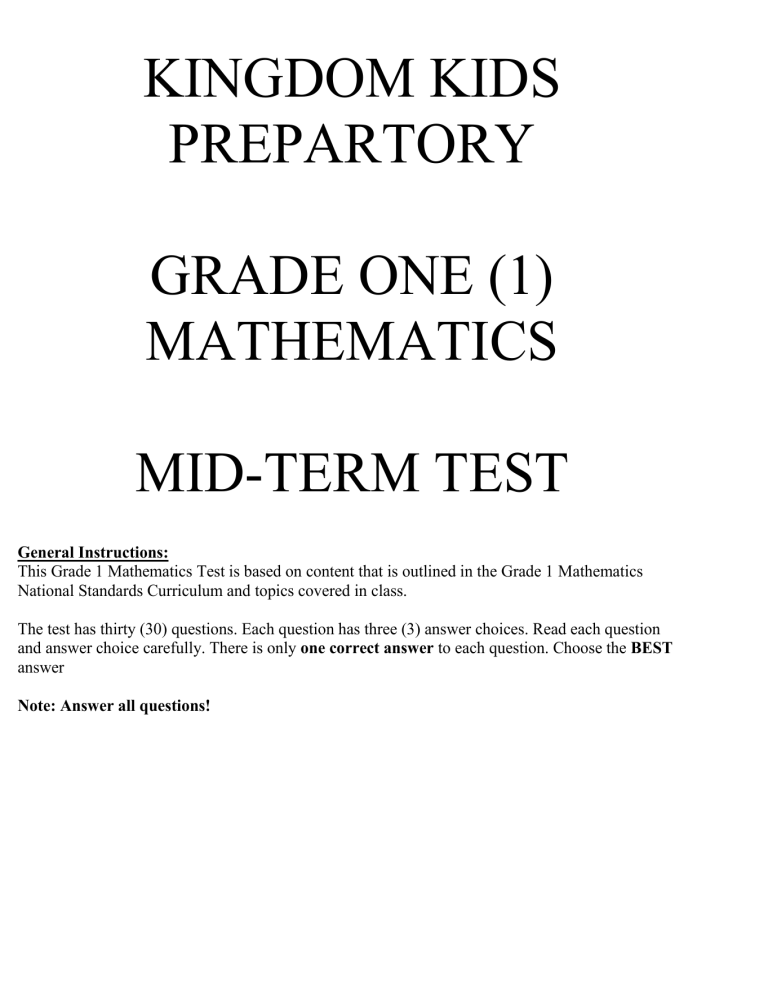 Grade 1 Math Mid-Term Test