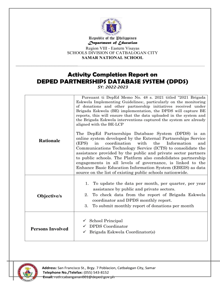 DPDS Activity Report: Samar National School 2022-2023