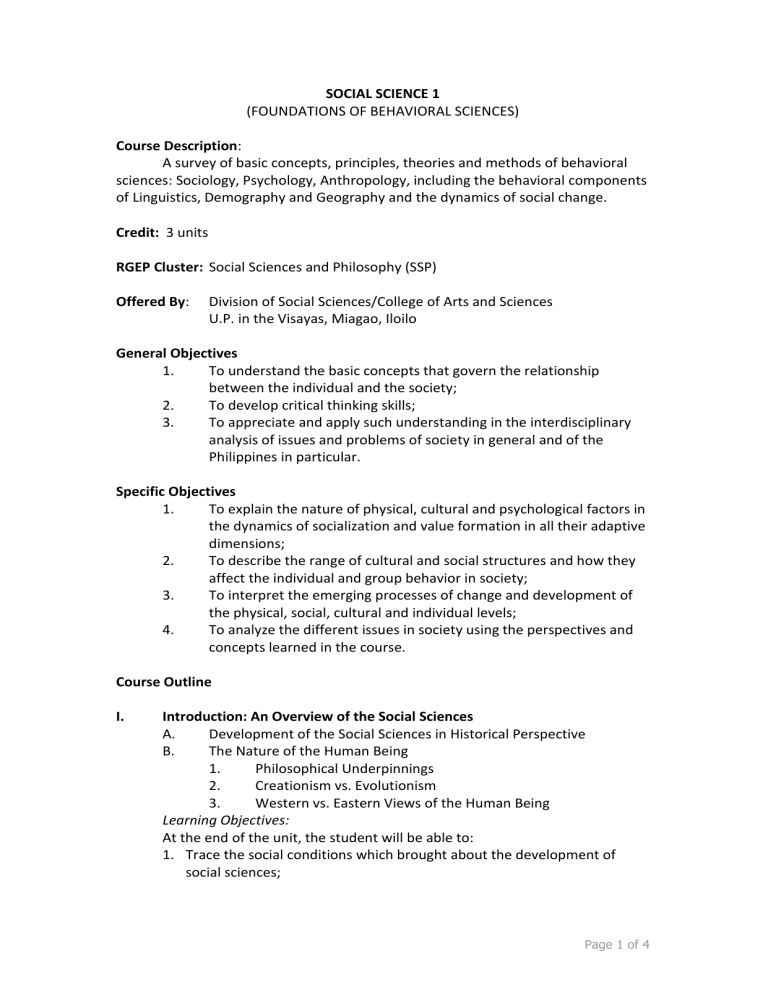 Social Science 1 Syllabus: Behavioral Sciences Foundations