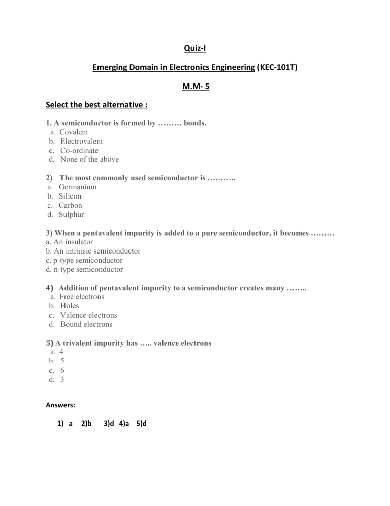 Electronics Engineering Quiz Semiconductors Basics