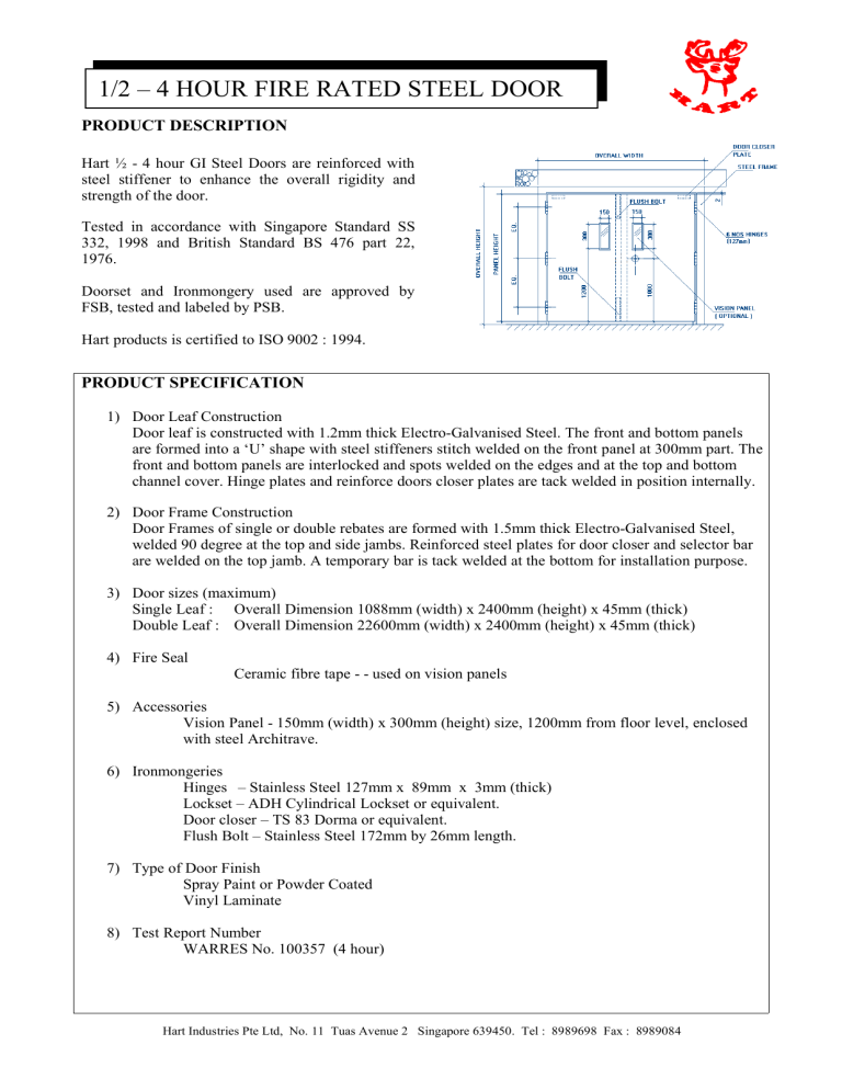 Hart Fire Rated Steel Door Specs | 1/2 - 4 Hour