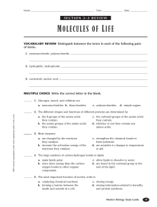 Molecules of Life: Section Review - Biology Study Guide