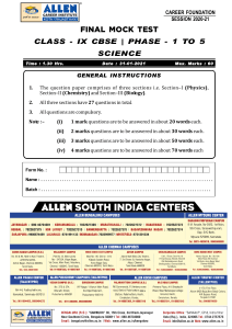 Class IX CBSE Science Mock Test (Physics, Chemistry, Biology)
