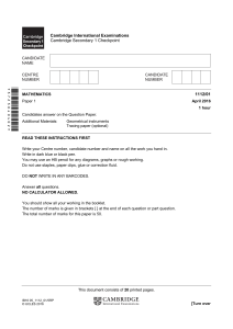 Cambridge Checkpoint Math Exam Paper 1 - April 2016