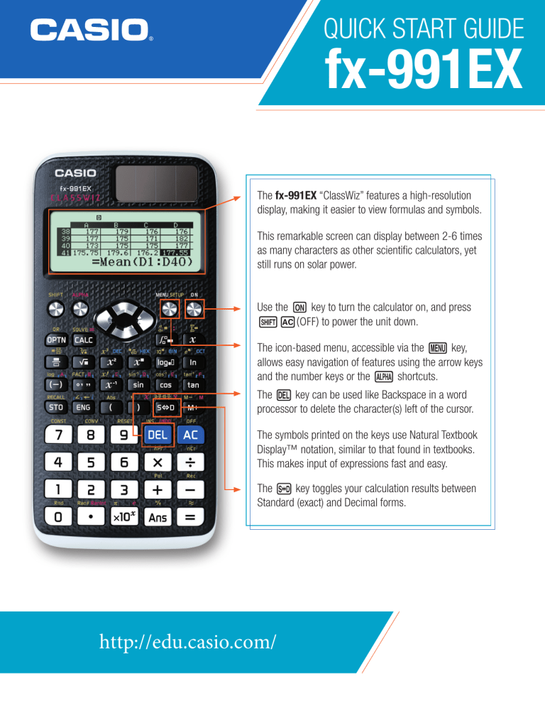 Casio fx-991EX Calculator Quick Start Guide