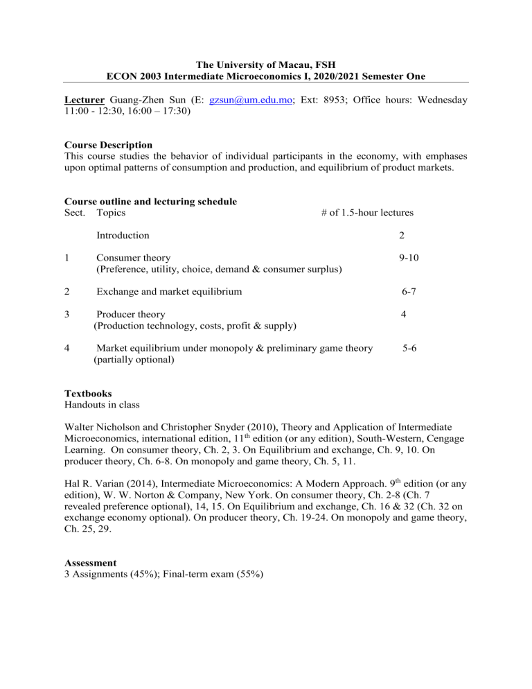 Intermediate Microeconomics I Course Syllabus