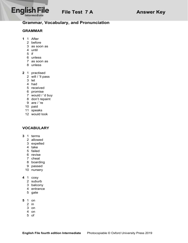 English File Intermediate Test 7A Answer Key