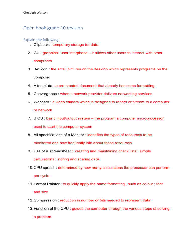 Grade 10 Computer Science Revision Notes