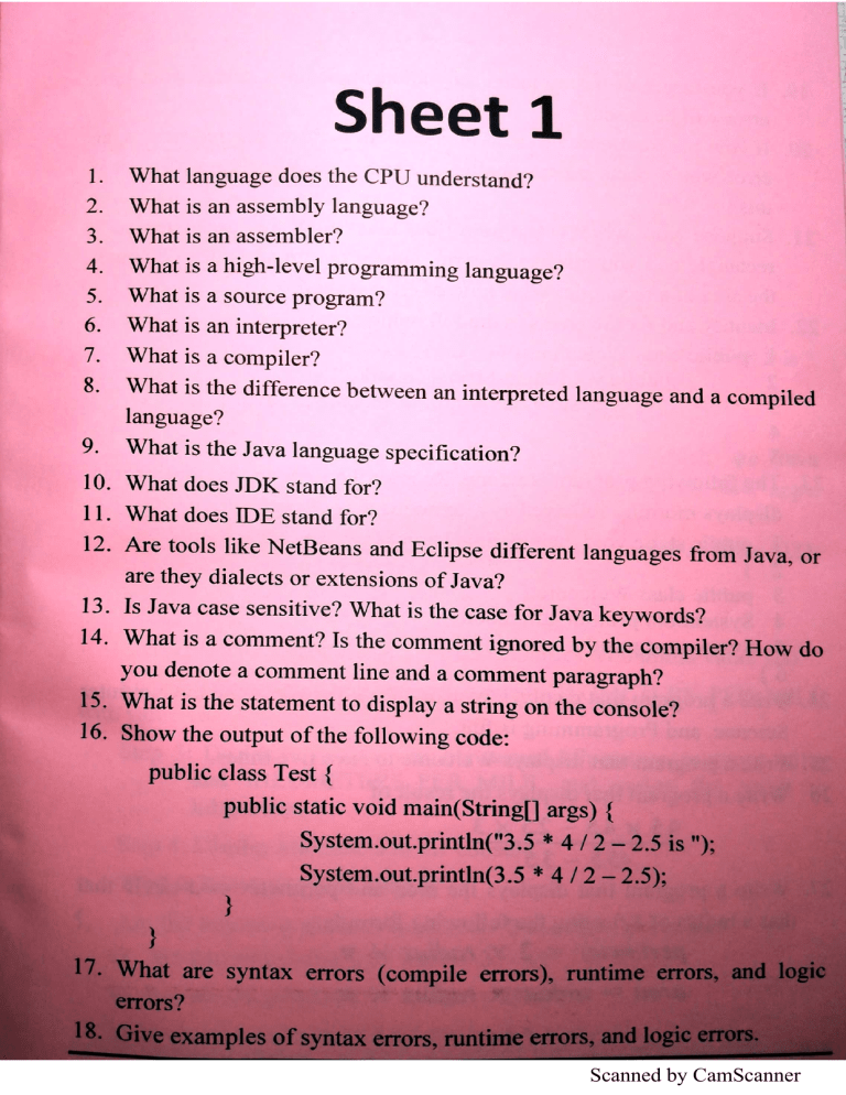Java Programming Fundamentals Worksheet
