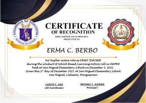 Certificate of Recognition for Erma C. Berbo