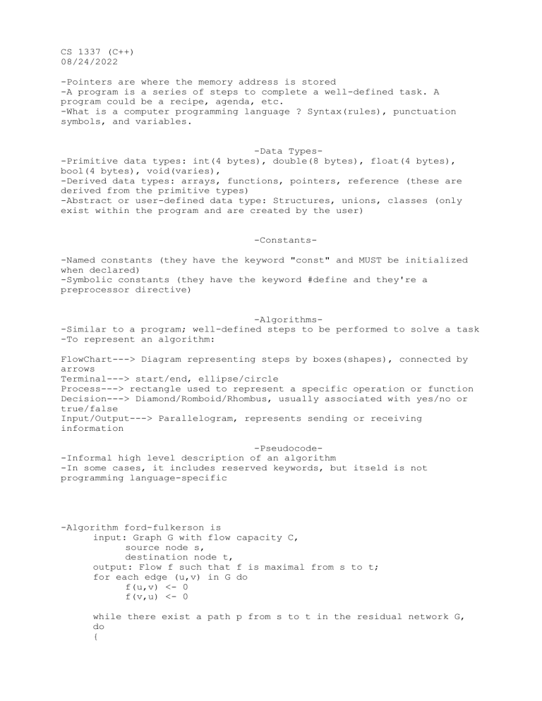 C++ Programming Fundamentals: Lecture Notes