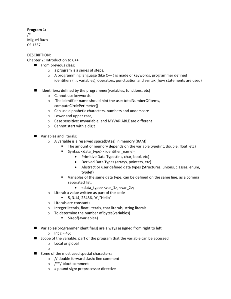 C++ Programming Lecture Notes: Identifiers, Variables, Data Types