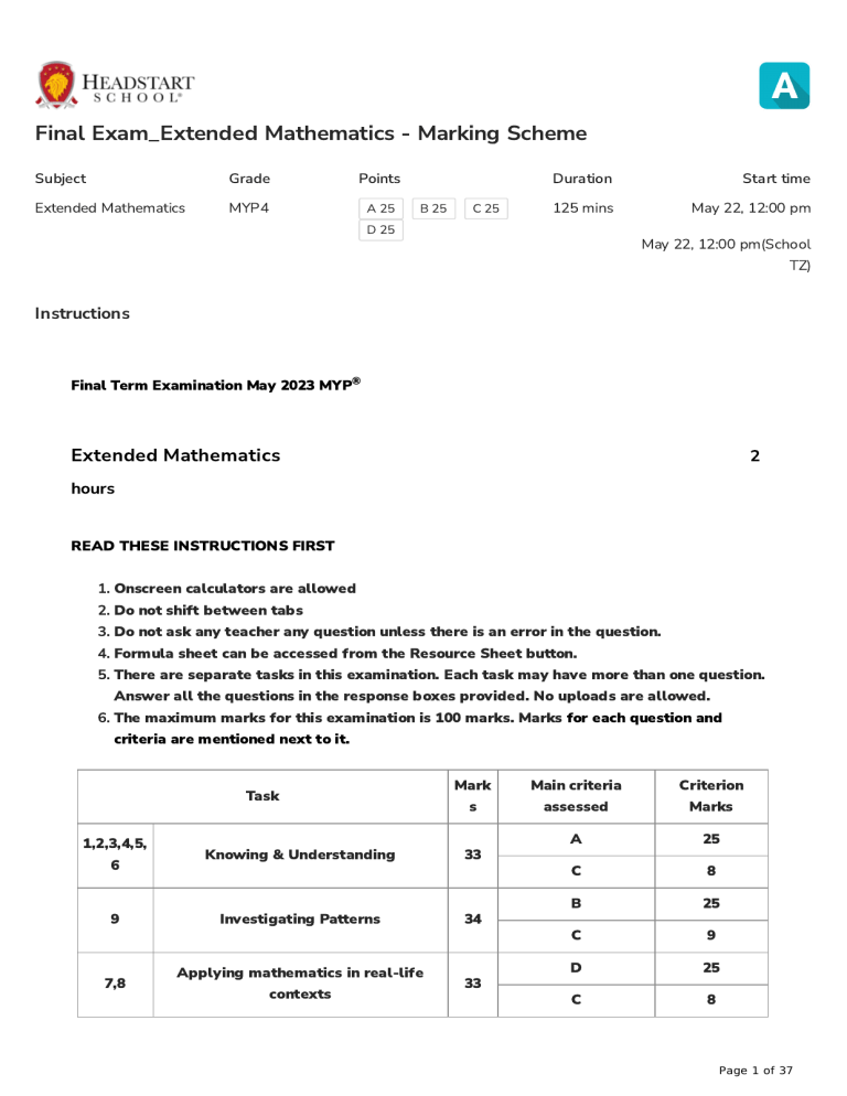 Extended Mathematics Exam Marking Scheme MYP4