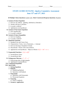 Algebra Cumulative Assessment Study Guide Outline