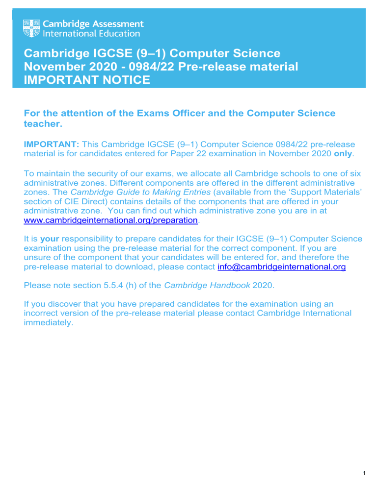 Cambridge IGCSE Computer Science Pre-release Material
