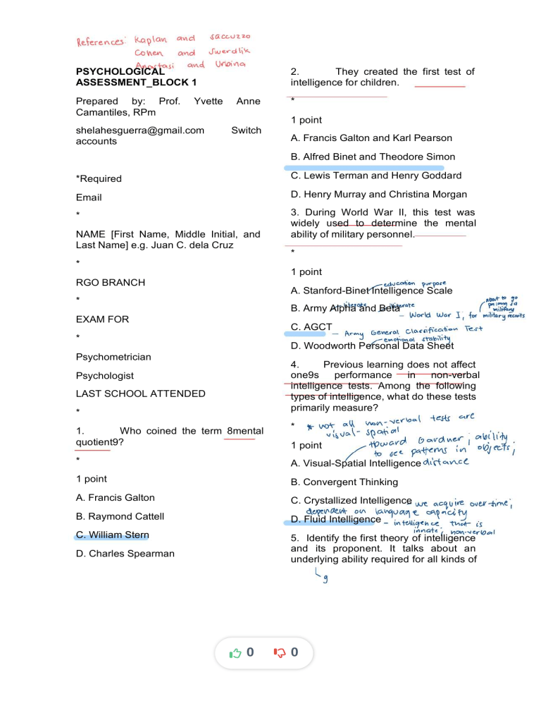 Psychological Assessment Exam: Intelligence & Testing