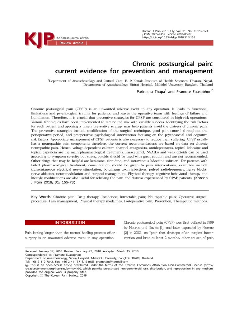 Algorithm For Post Cs Pain Chronic Postsurgical Pain: Prevention & Management