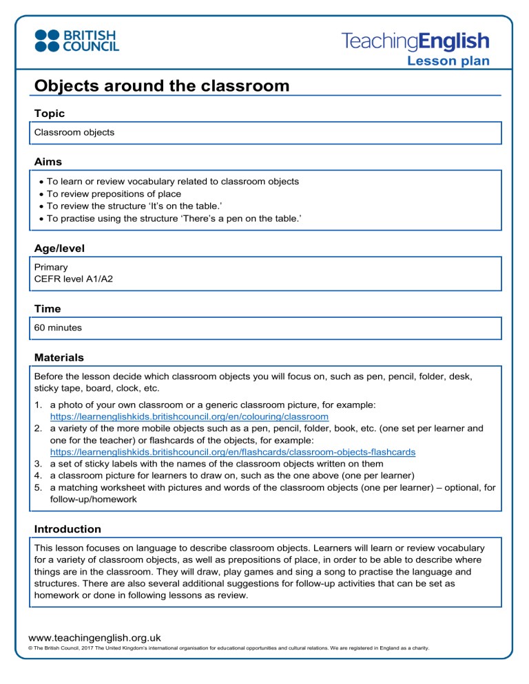 Classroom Objects ESL Lesson Plan for Primary Students