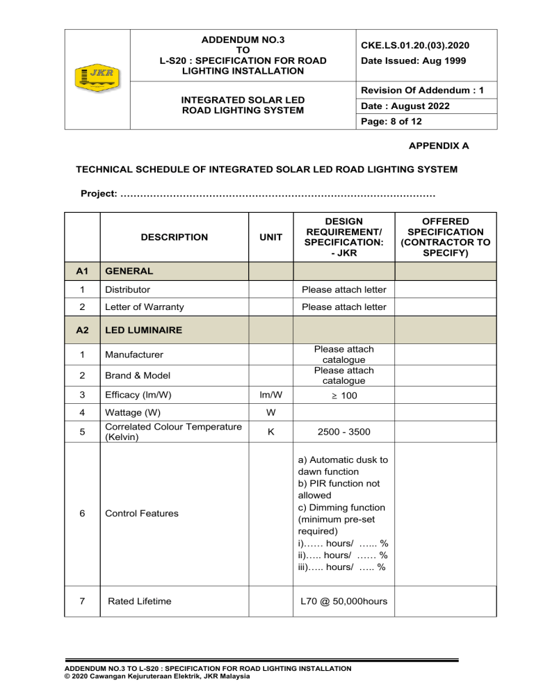 Solar LED Road Lighting System Specification Addendum