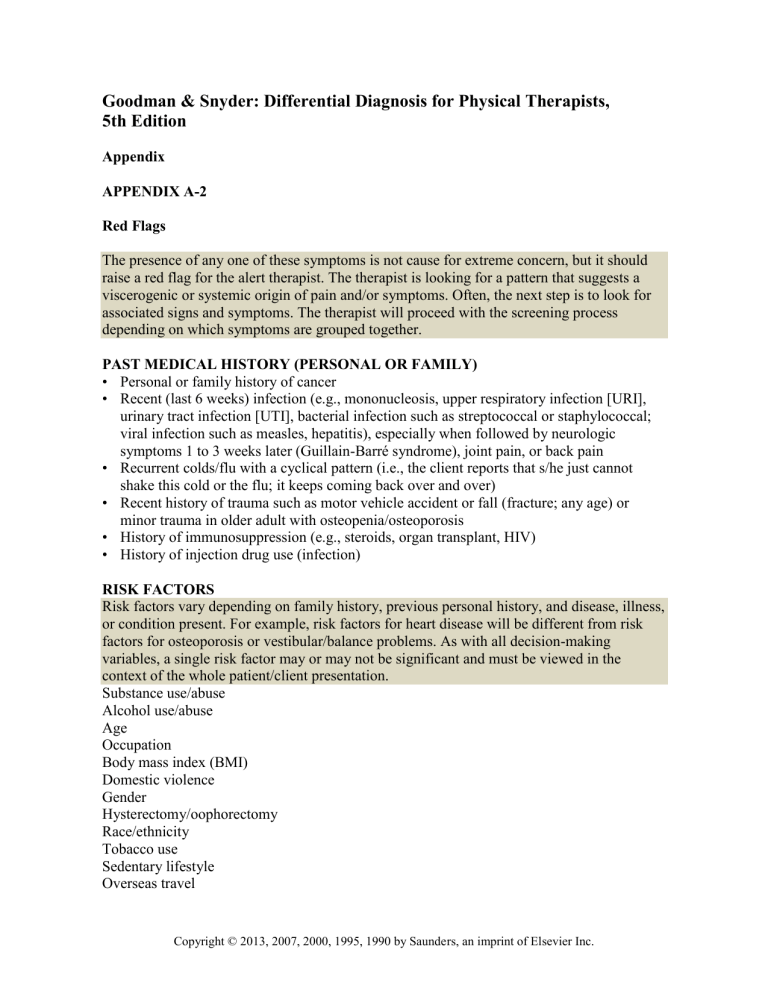 Physical Therapy Red Flags Differential Diagnosis Appendix