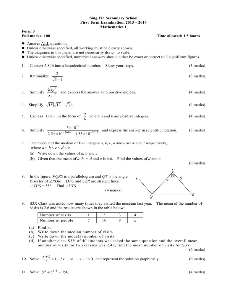 Form 3 Mathematics Exam Paper