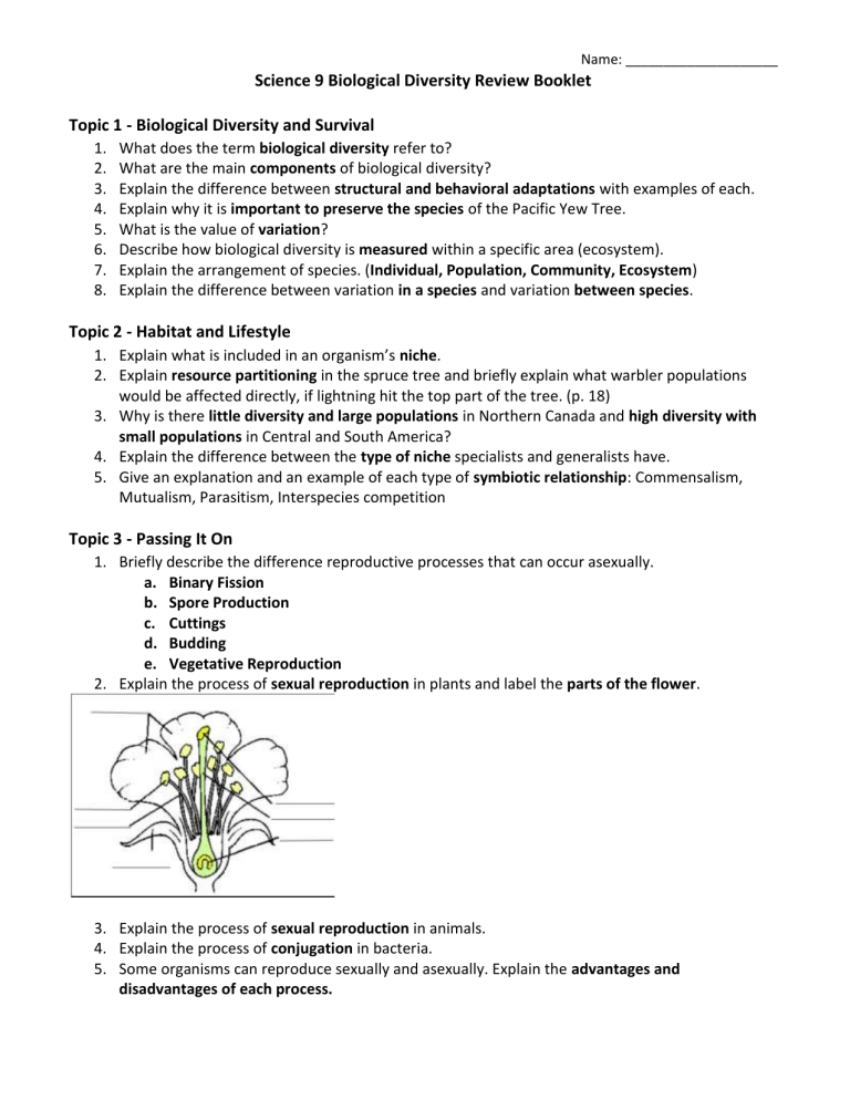 Science 9 Biological Diversity Review Booklet