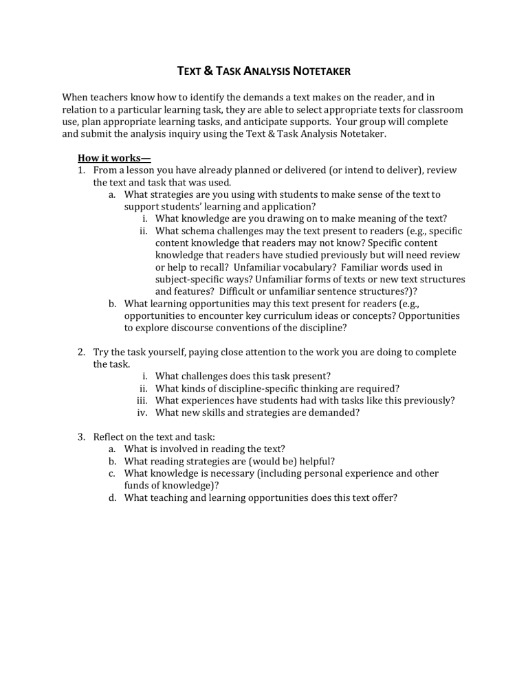 Text & Task Analysis Notetaker for Teachers