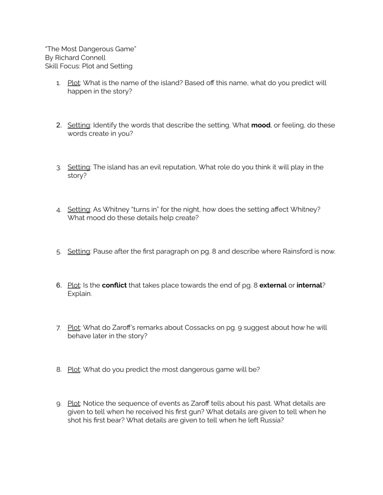 "The Most Dangerous Game" Plot & Setting Study Guide
