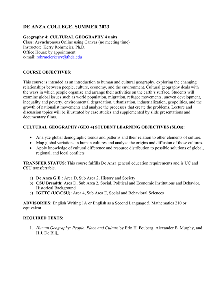 Cultural Geography Syllabus, De Anza College, Summer 2023