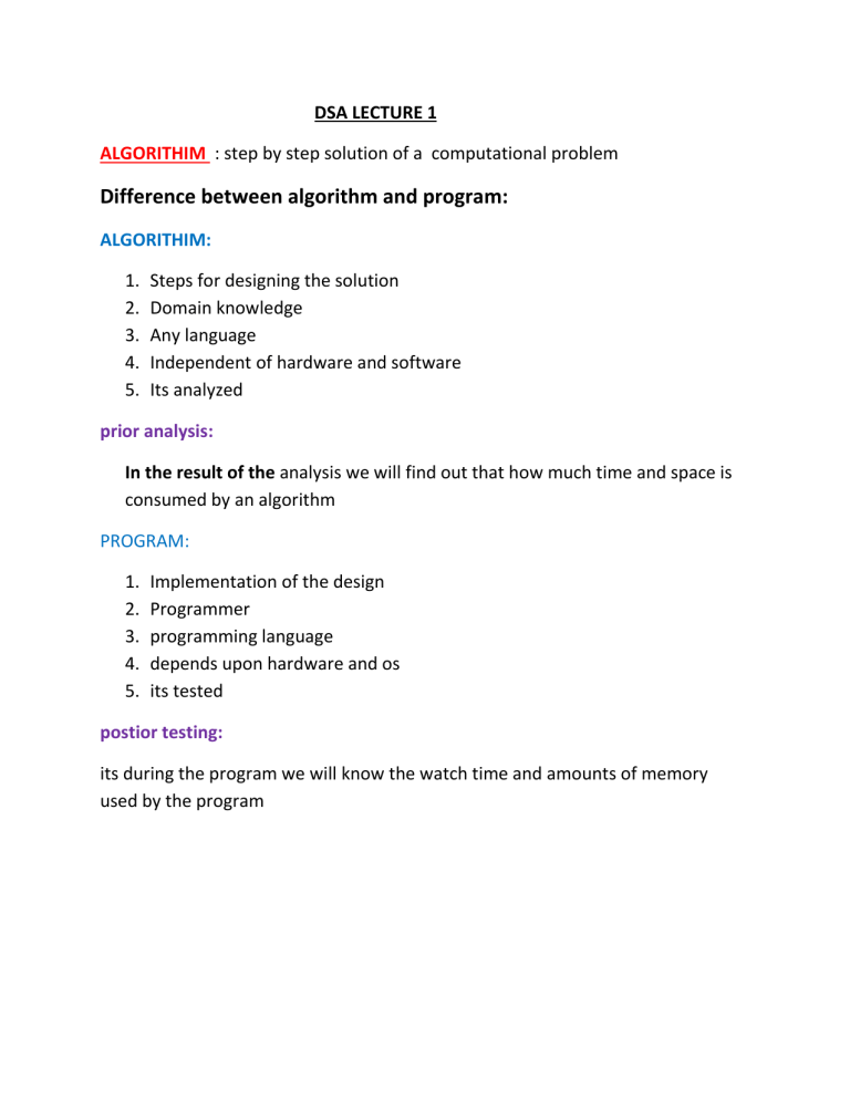 DSA Lecture 1: Algorithm vs Program