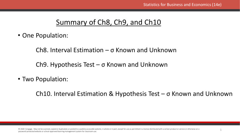 Statistics Summary: Estimation & Hypothesis Testing